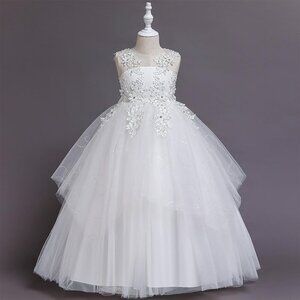 🆕Girls White Tulle Polyester Flower Dress Wedding Lace Embroidery Father Dance
